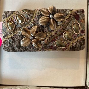 Brown brocade and beaded clutch